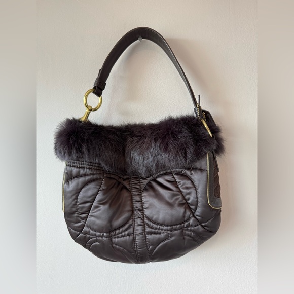 Coach Vintage‎ Limited 2005 Rare Brown Sateen Rabbit Hair Shoulder Bag 3586 - Picture 1 of 14